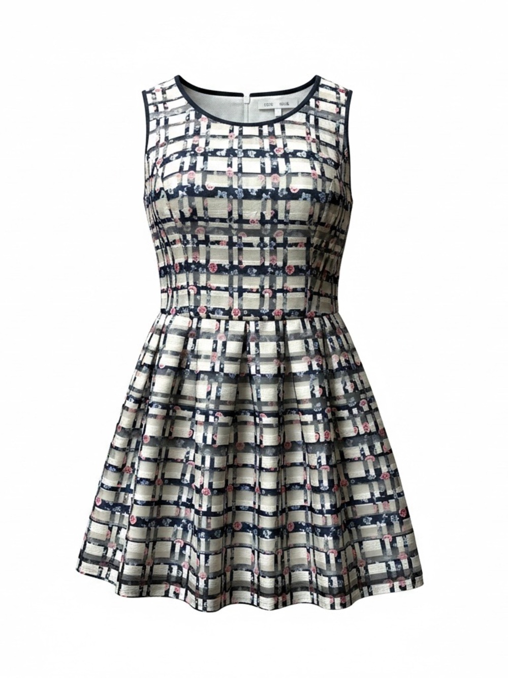 ASOS Navy White & Gray Grid Floral Sleeveless Fit-and-Flare Mini Dress